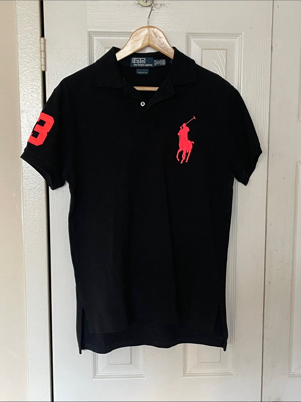 Ralph Lauren Vintage Black Polo with Red Logo & Sleeve Number Size Medium